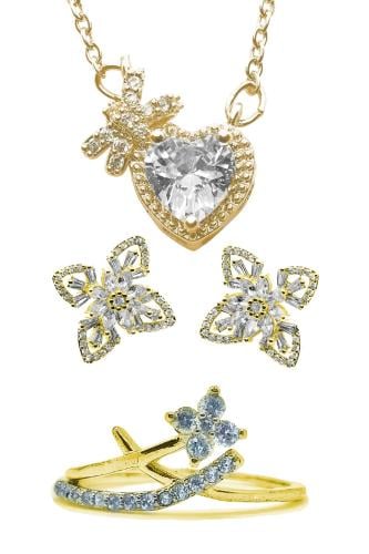 A collection of luxurious jewelry products set with diamond-like zircon stones (necklace, earrings, ring) in gold.