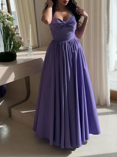 فستان موف هالتر منفوش بتفصيل ربطة صدر