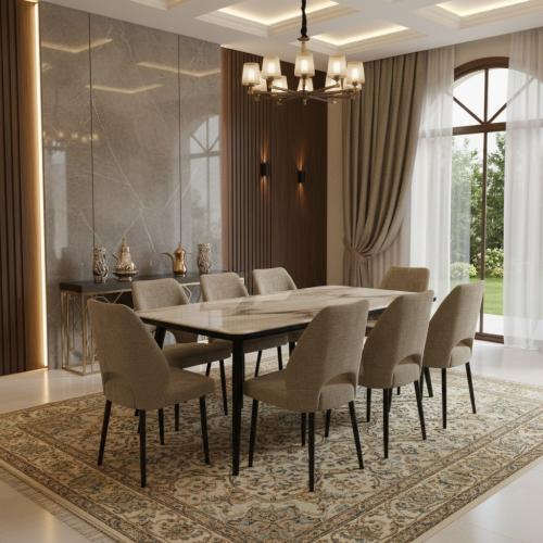 طاولة طعام رخام بني - 8 كراسي قماش بوكيله بني - 90...