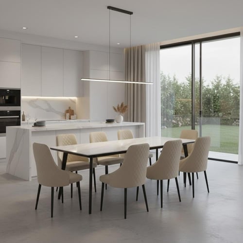طاولة طعام سراميك أبيض -8 كراسي مخمل بيج - 90 ×180...
