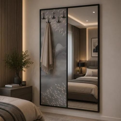 لوحة جدارية مع مرآة وعلاقة ملابس بتصميم مودرن