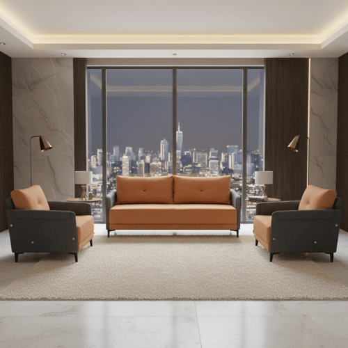 طقم كنب مكتب جلد -رمادي -برتقالي