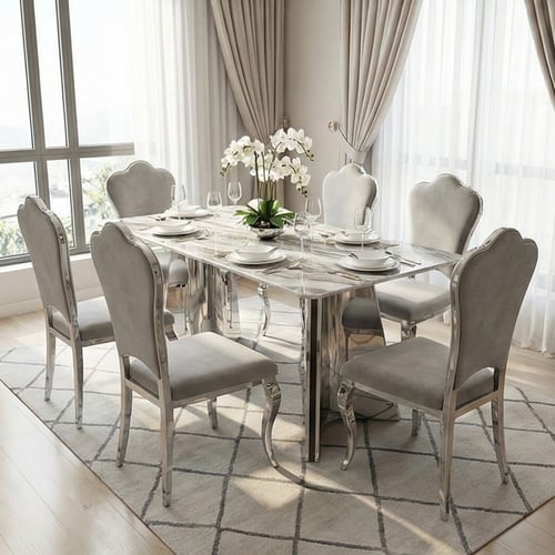 طاوله طعام 6 كراسي استيل رخام 90*180