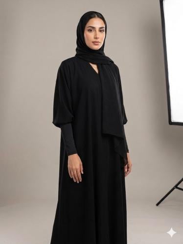 عباية رقم (١) ساده اكمام استرتش ربع كلوش, بدون طرحة