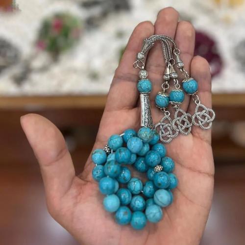 سبحة نسائية فيروزية أنيقة بطربزون معدني ثلاثي