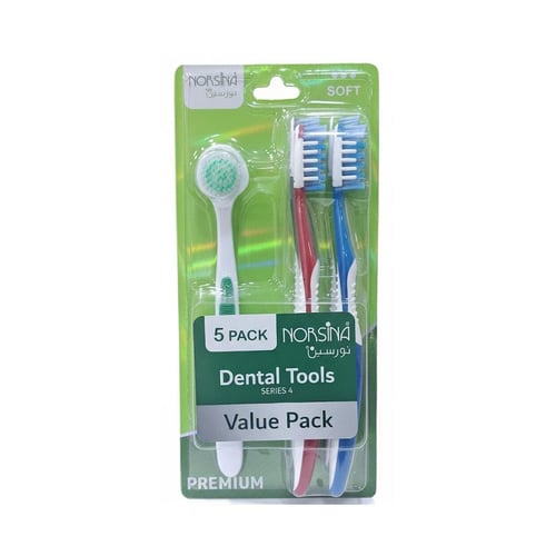 طقم فرشاة أسنان نورسينا - 5 حبات ناعمة مع منظف لسا...
