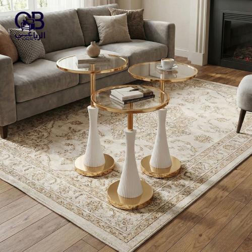 طقم طاولة زجاج ثلاث قطع مدور ذهبي أبيض