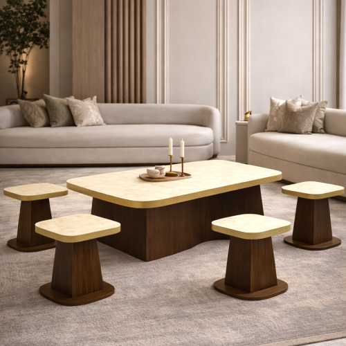 طقم ضيافة أرضي بديل رخام بيج راقٍ – 5 قطع