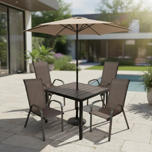 طقم طاولة طعام خارجية بمظلة مع 4 كراسي أنيقة لجلسا...