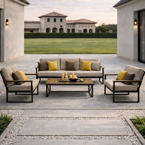 طقم جلسة خارجية كبيرة 7أشخاص بيد خشبية مع طاولة وس...