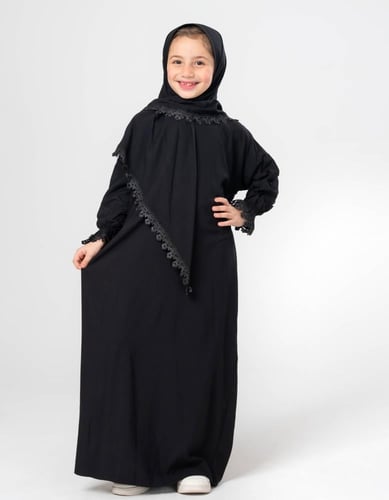 طقم صلاة أطفال مع طرحة مطرزة - اسود