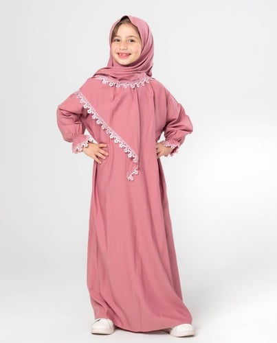 طقم صلاة أطفال مع طرحة مطرزة -وردي