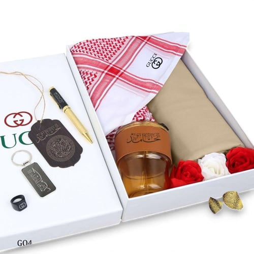 طقم رجالي فاخر | شماغ، قماش، خاتم، كوب قهوة بالاسم