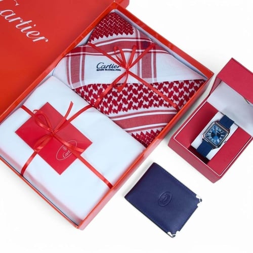 طقم هدايا رجالي صيفي فاخر | شماغ، قماش، وساعة أنيق...