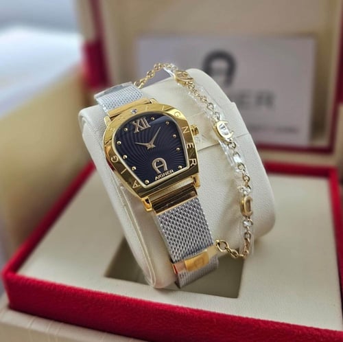 ساعة نسائية أنيقة مع أسوارة - تصميم حصير عصري