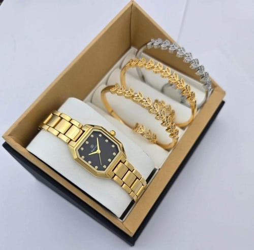 طقم نسائي فاخر ساعة من الإستانلس ستيل وأساور بزركو...