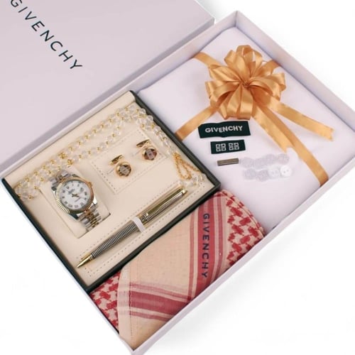 طقم هدايا رجالي فاخر: قماش، شماغ، ساعة، قلم، وكبك...