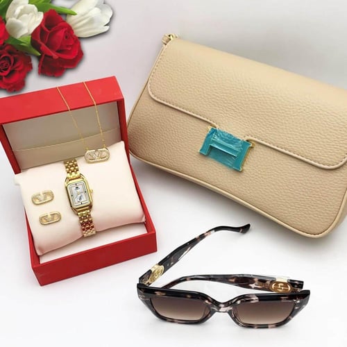 طقم هدايا نسائي فاخر - ساعة، مجوهرات، شنطة مع كرت...