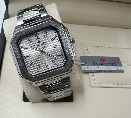 ساعة رجالية من ماركة FORICHS اللون فضي ميناء ابيض