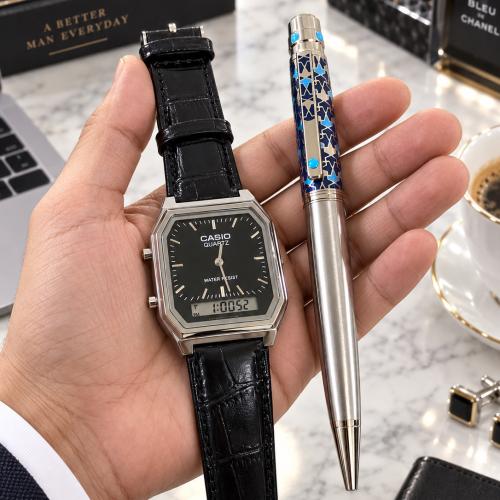 ساعة كاسيو جلد CASIO VINTAGE مع قلم هدية