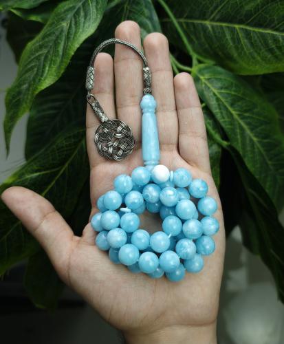 سبحة بكلايت سماوي مموج طربزونة فضة