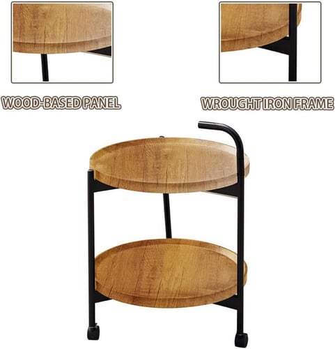 طاولة جانبية خشب 2 دور متحركة بأرجل معدن لون بيج م...