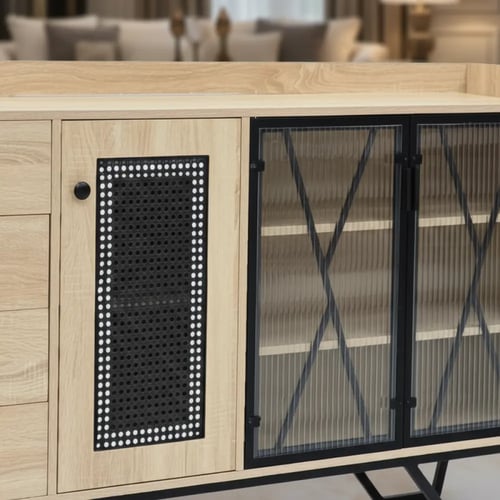 دولاب بوفية خشب ومعدن بلون بيج بإطلالة متناسقة