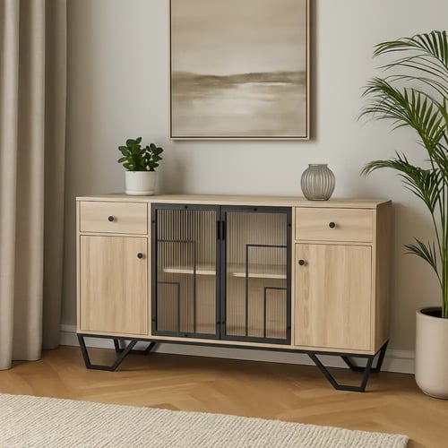 دولاب بوفية خشب ومعدن بيج أنيق | تنسيق فاخر للمنزل