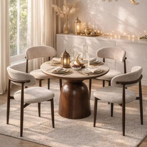 طاولة طعام 4 كراسي بتصميم دائري أنيق - بني مع بيج