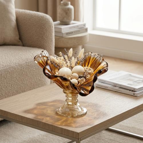 صحن تقديم الحلوي زجاج بقاعدة بتصميم مميز لون بني م...