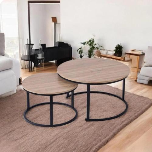 طقم طاولات متداخلة خشب بقواعد معدن باللون بني فاتح...