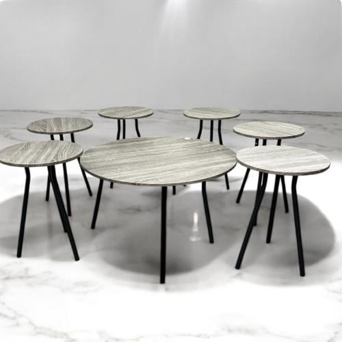 طقم طاولات خشب بقواعد معدن7 قطع باللون الرمادي الغ...