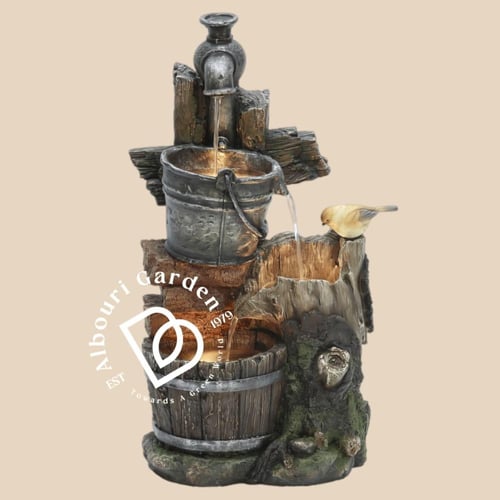 نافورة خارجية من الراتينج مع أضواء بشكل دلو وعصافي...