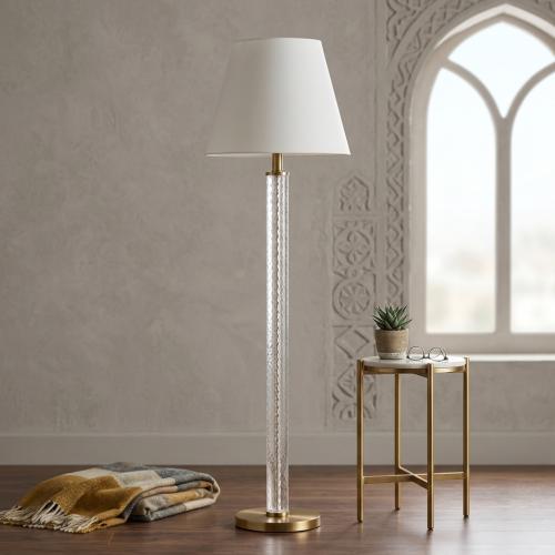 أباجورة أرضي أنيق بقائم كريستالي طويل وغطاء مخروطي