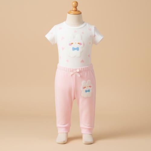 طقم بيجامة قصير أطفال لون وردي ابيض تصميم قلوب قطع...