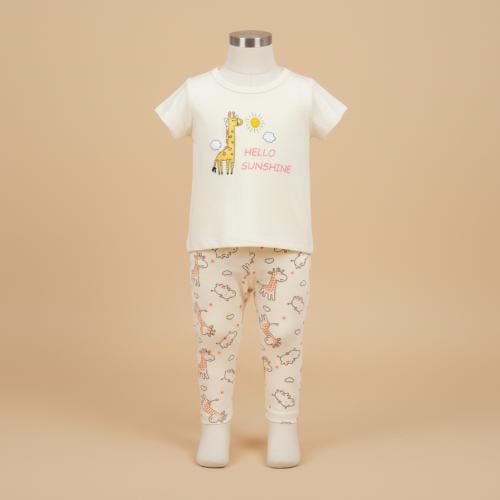 طقم بيجامة قصير أطفال لون لبني تصميم الزرافة قطعتي...