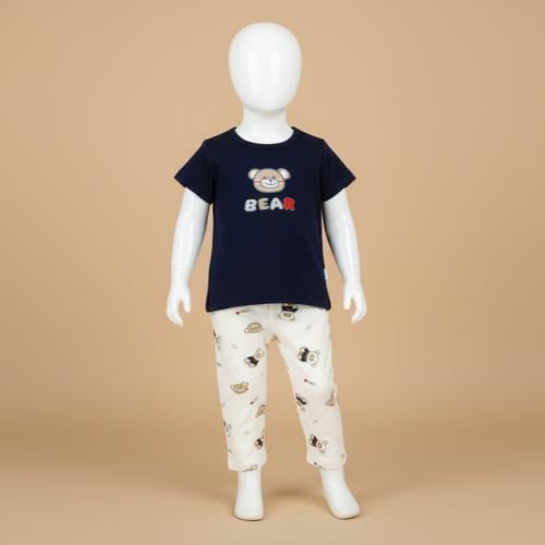 طقم بيجامة قصير أطفال لون اسود ولادي تصميم دب قطعت...