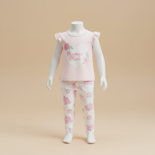 طقم بيجامة قصير أطفال لون وردي تصميم ورود قطعتين C...
