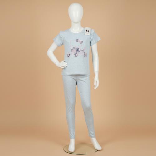 بيجامة بناتي قطنية – لون تركواز برسمة قطة كرتون CA...