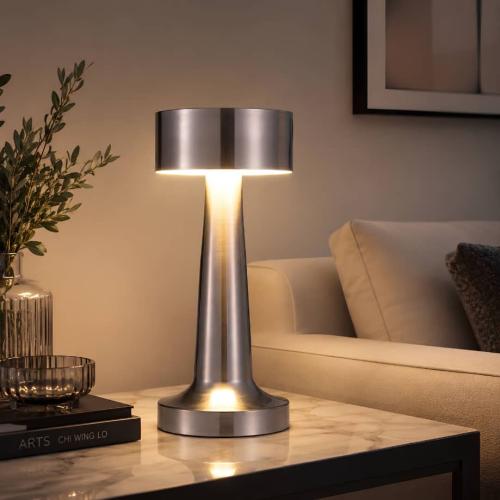 أباجورة طاولة LED لاسلكية فضية 3 اضاءات قابلة للشحن Type-C