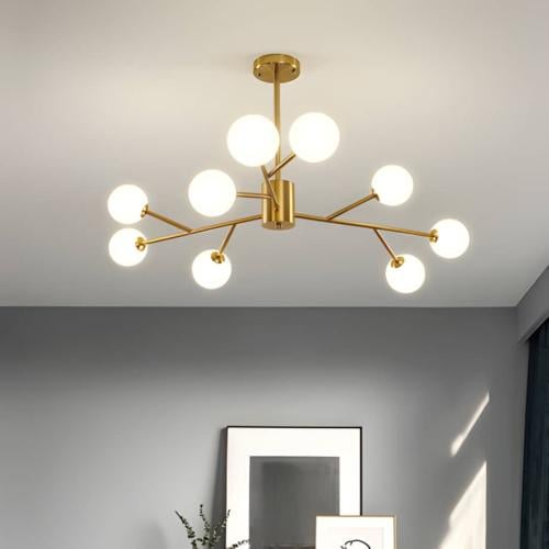 نجف مودرن ذهبي LED تسعة كرات زجاج ابيض قاعدة إنارة...