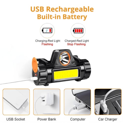 كشاف رأس LED قابل للشحن بنمطين إضاءة باللون الأبيض