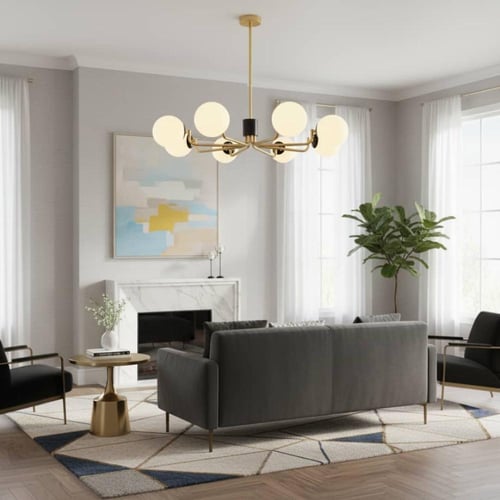 نجف مودرن LED أسود + ذهبي مع ثمانية كرات بيضاء قاع...