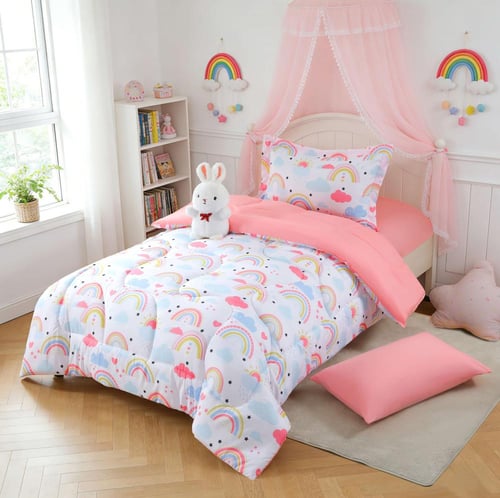 مفرش أطفال تيمون صيفي مفرد ونص أبيض ووردي برسومات...