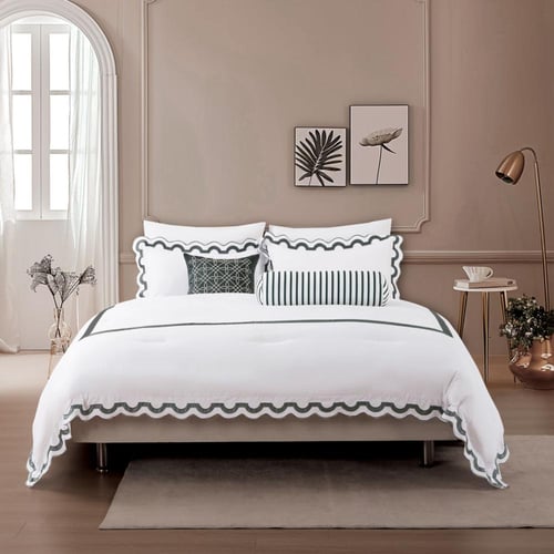 مفرش مراكش صيفي مطرز فاخر أبيض ورصاصي