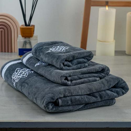 طقم منشفة قطن 100% مطرز رصاصي غامق 3 قطع