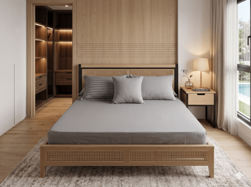 شرشف مطاط قطن ساتان رصاصي 250 غرزة 4 قطع