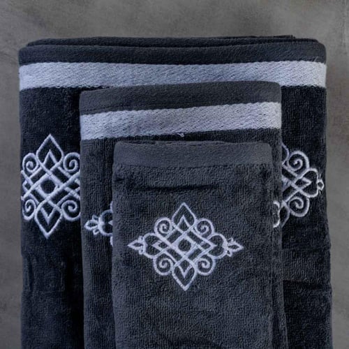 طقم منشفة قطن 100% مطرز رصاصي غامق 3 قطع