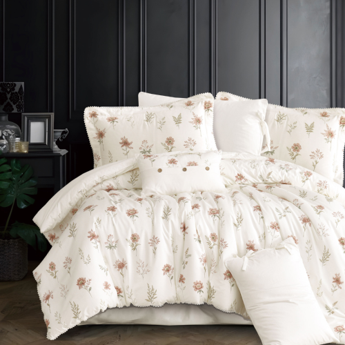 مفرش سرور مزدوج قطن كريمي برسومات الزهور عدد القطع...