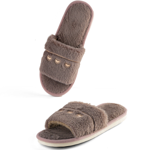 حذاء منزلي نسائي فرو تصمم قلب بني